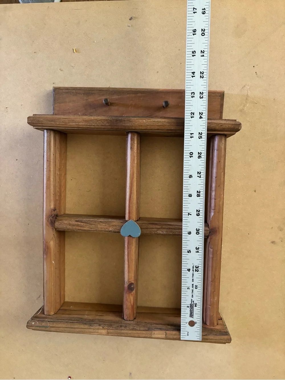 Hand Crafted Brown Wood Wall Display Shelf with Blue Heart Accent